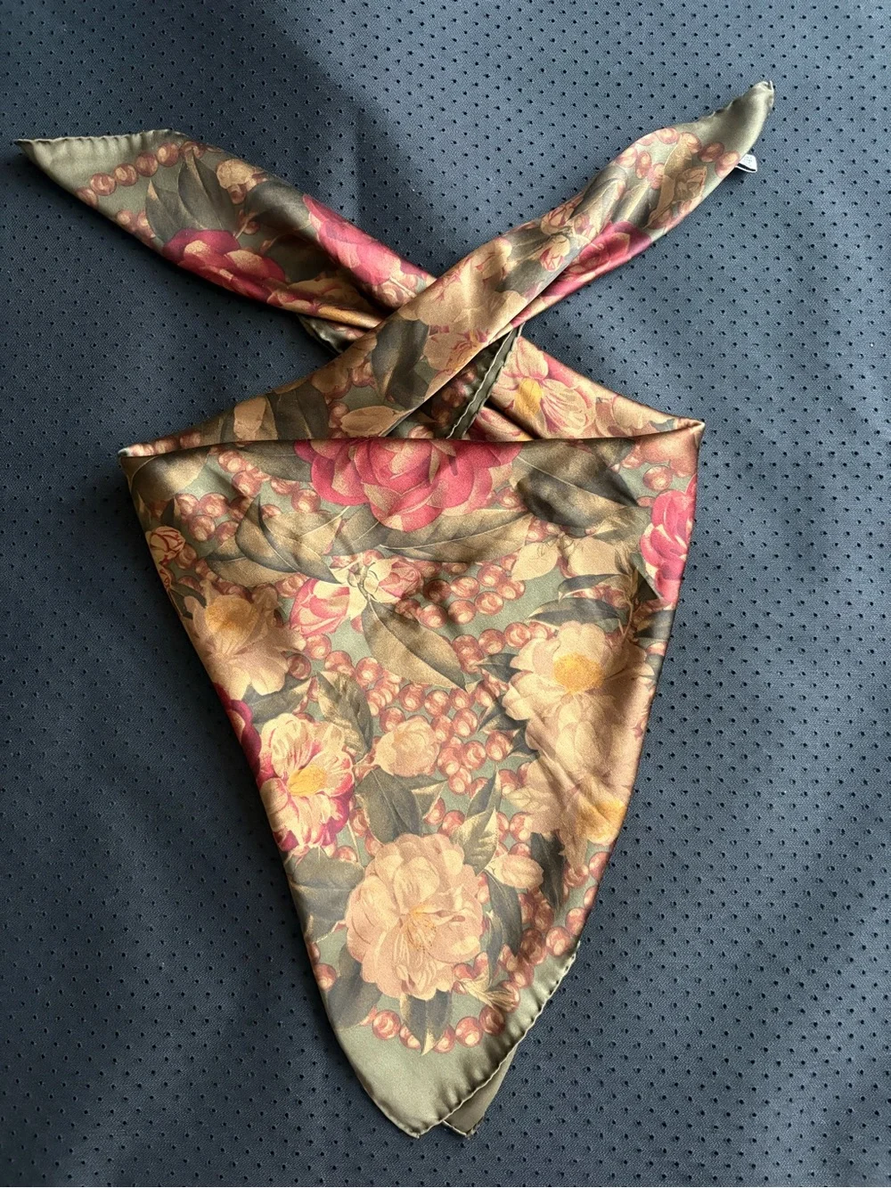 CHANEL Olive Green Scarf with Pink Floral and Pearl Motif - Picture 2 of 7